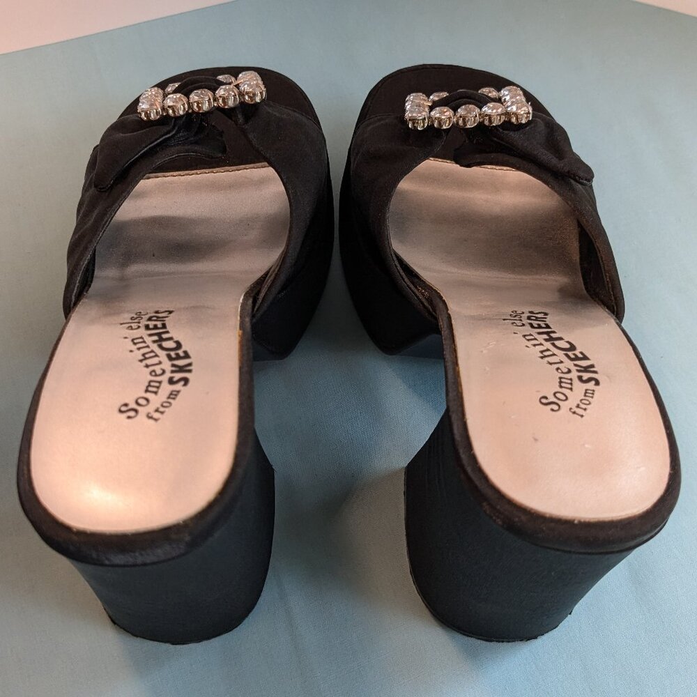 Vintage Chunky Heel Shimmer Black Platform Skechers Rhinestone Buckle Heels - Picture 12 of 16